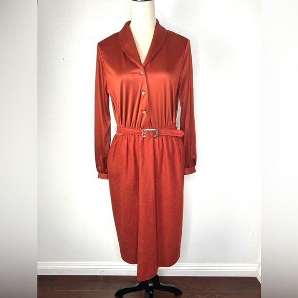VINTAGE 1970s Sunshine Alley Secretary Dress Rust Orange Midi Matching Vest Vtg - Picture 1 of 13